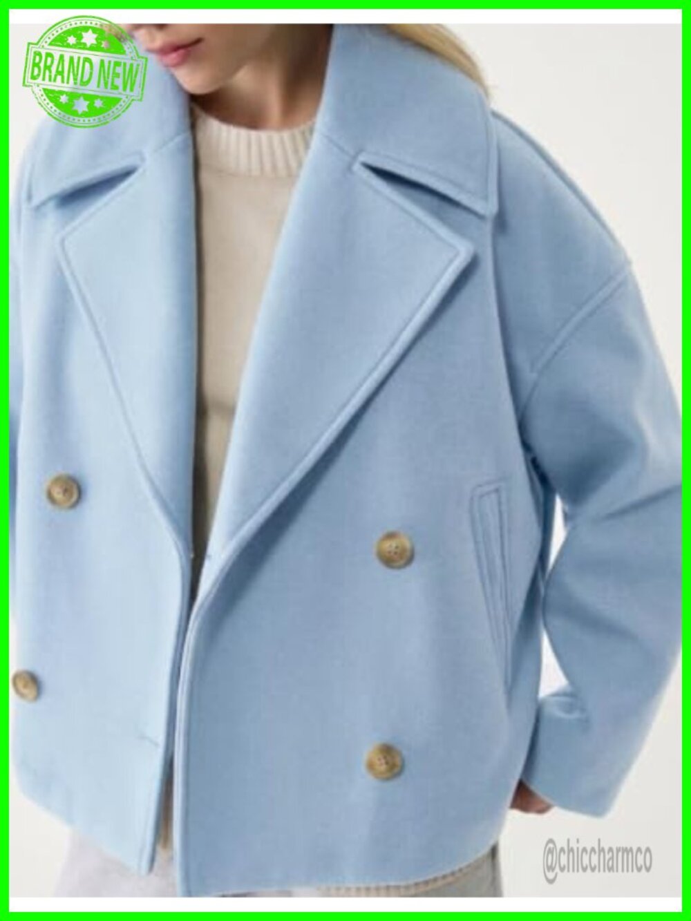 Cropped Pea Coat Double Breasted Wool Blend Notched Lapel - Picture 2 of 6